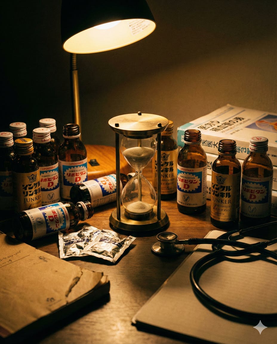 【危機】砂時計と栄養ドリンクの山