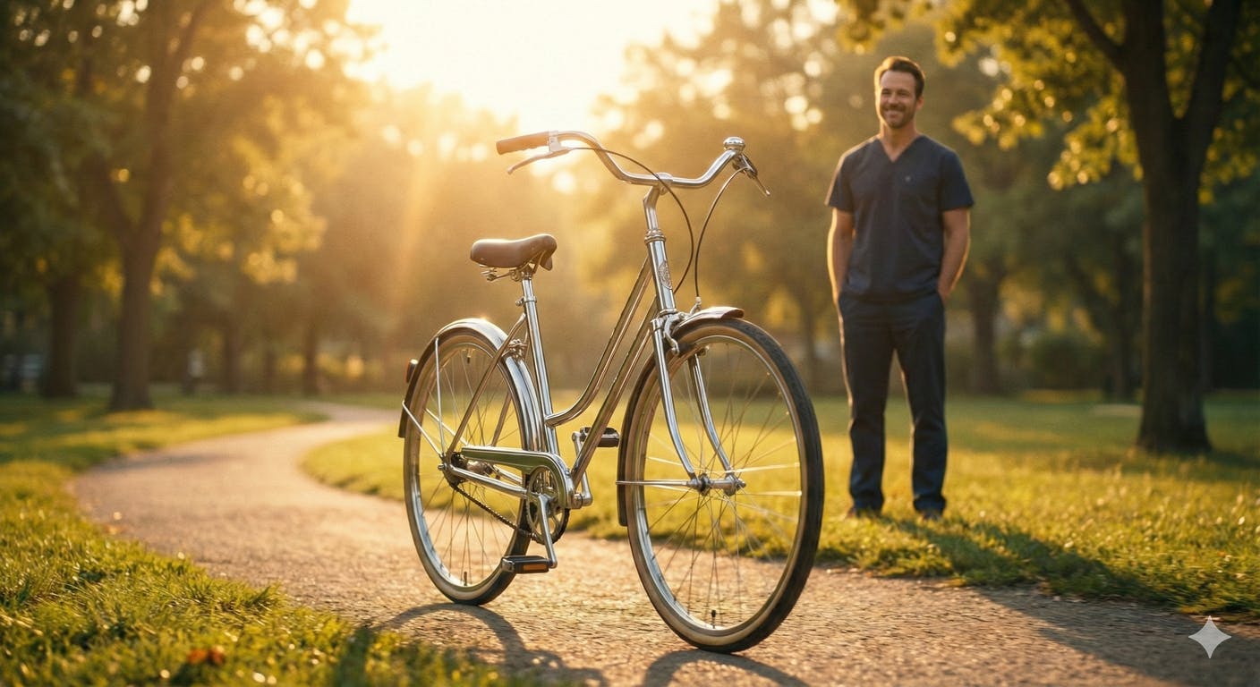 【自走する未来】 輝く無人の自転車と、見守る男