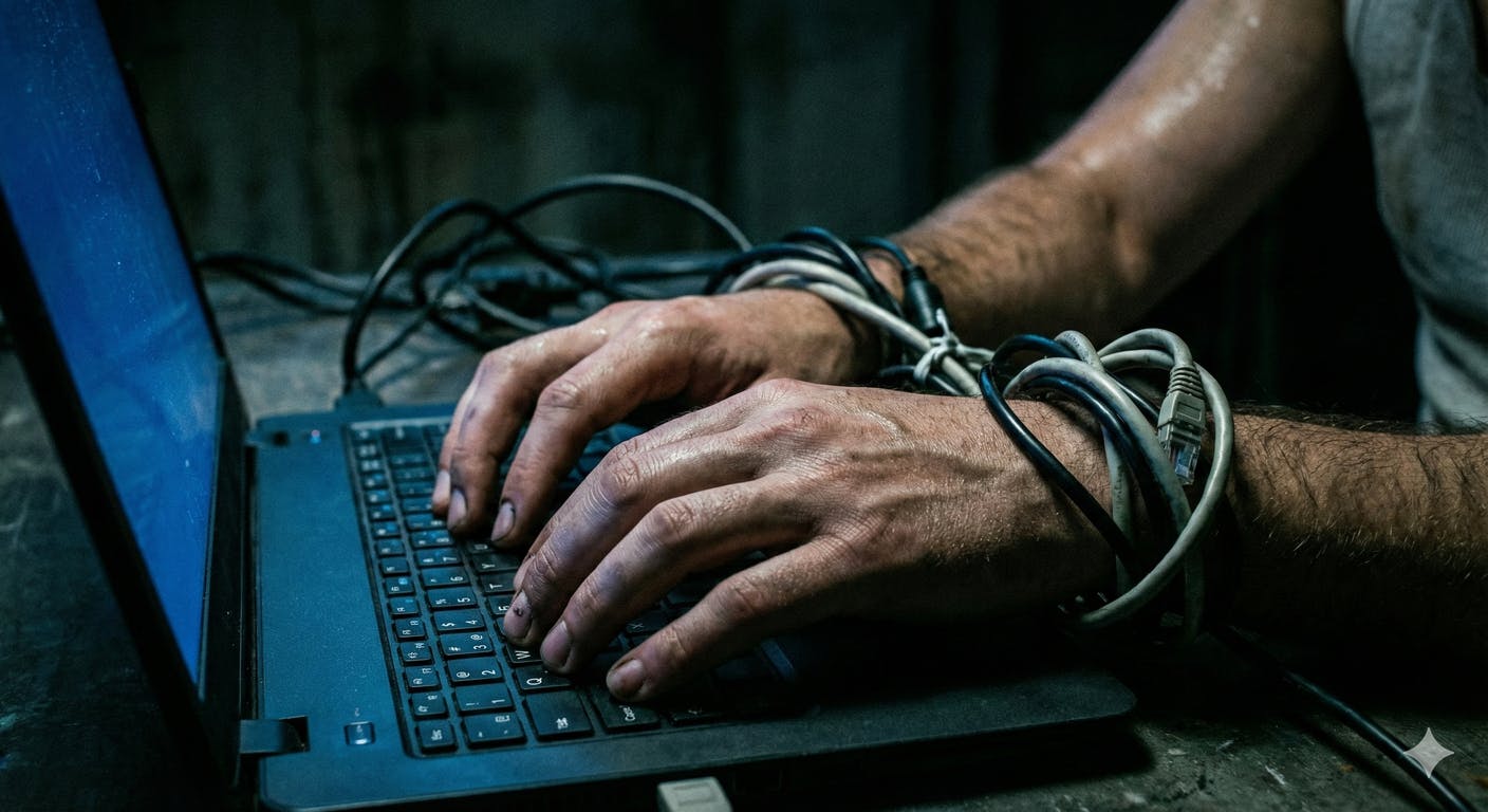 【見えない鎖】 ケーブルに縛られた「手」