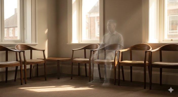 【見過ごされた未来】 待合室の椅子に座る「半透明の患者」