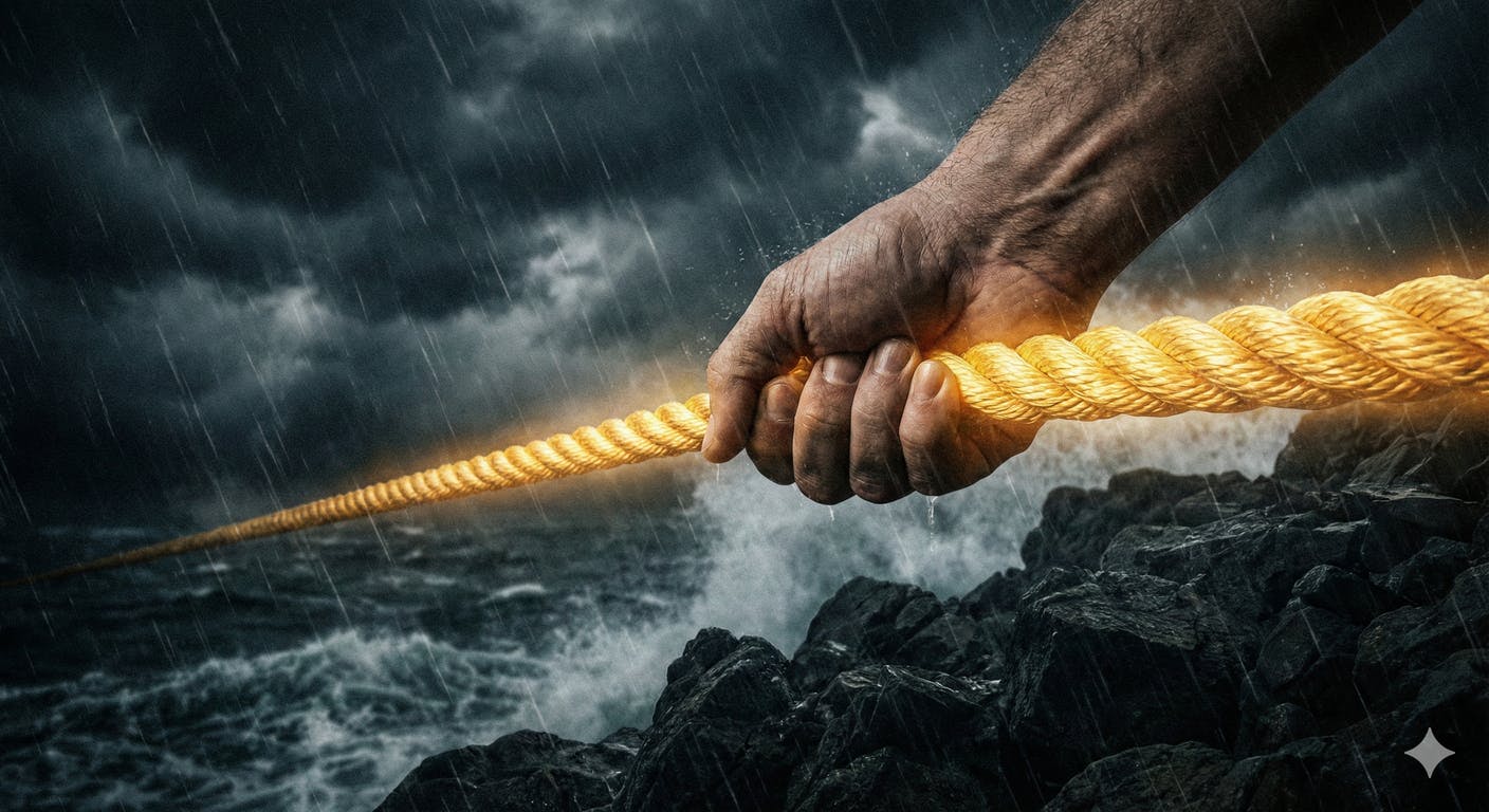 【嵐の中の命綱】 輝くロープと、支えられる手