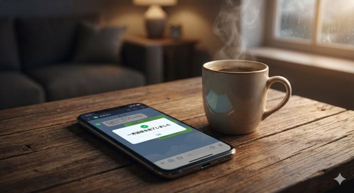 【指先の解決】 「送信完了」の画面と、温かい湯気