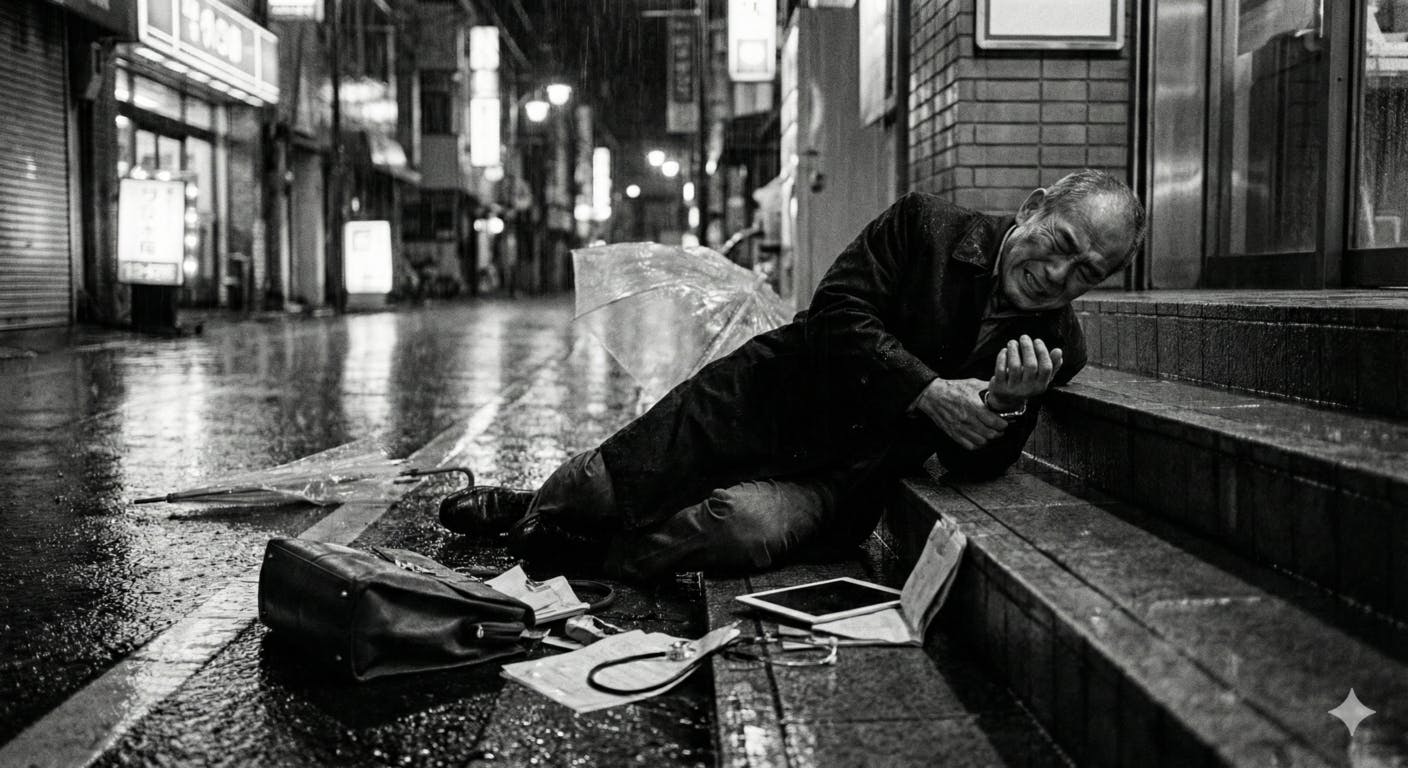 【危機：崩壊の雨音】濡れた路上での絶望的な転倒