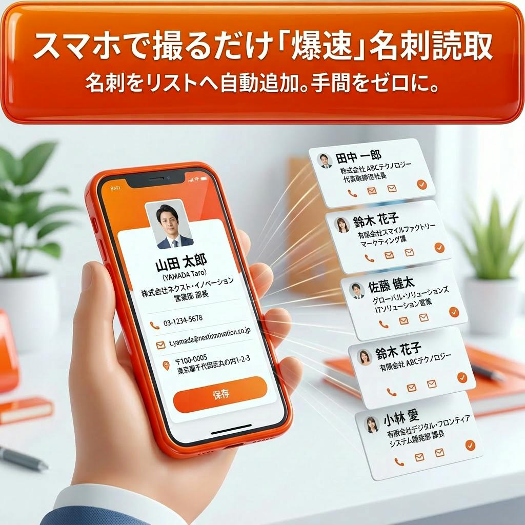 スマホで撮るだけ「爆速」名刺読取、名刺をリストへ自動追加