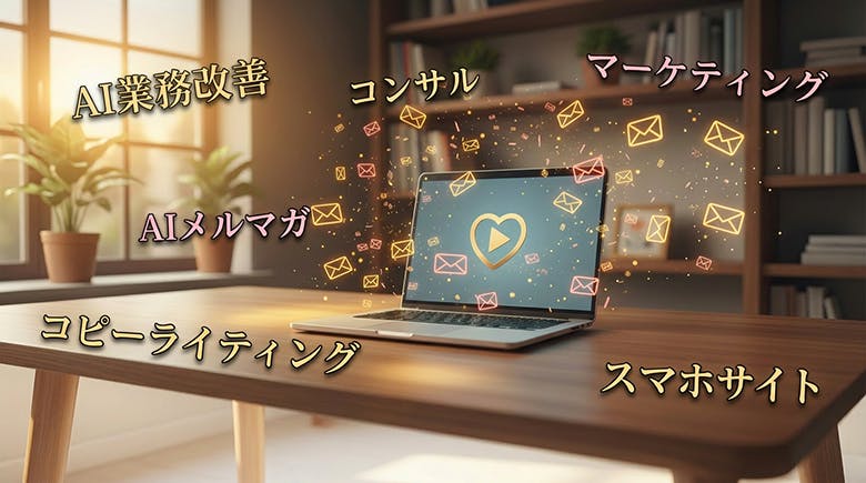 ノートPC、email、AI業務改善、ＡＩメルマガ、コピーライティング、コンサル