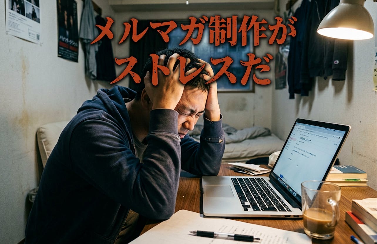 ノートパソコンに向かって、部屋で頭を抱えている30代男性、メルマガ制作がストレス