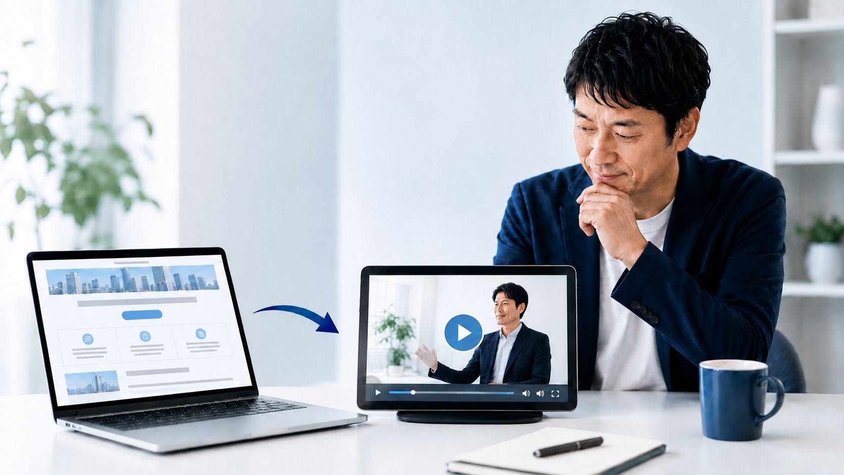 PCのLPから、タブレットの動画に矢印が出て、そのタブレットの動画を見ている男性
